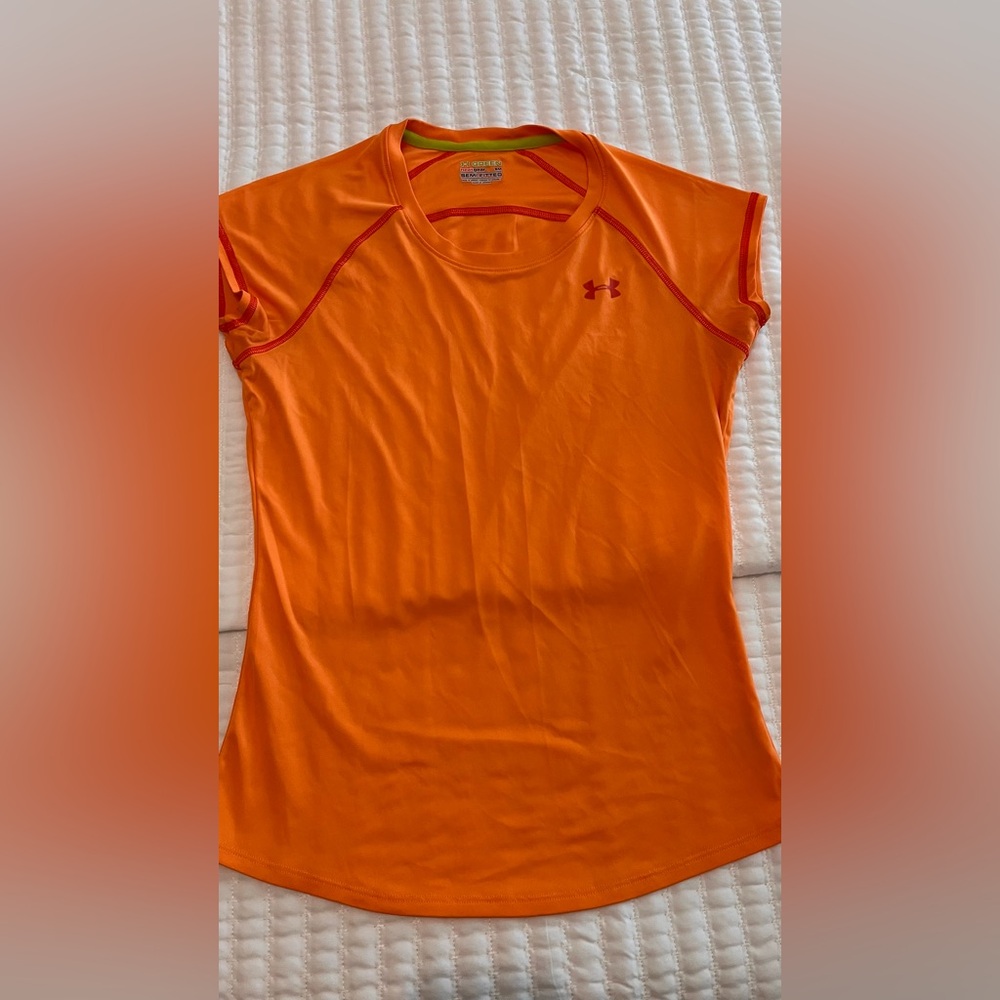 Under Armour Green Heatgear Orange Cap Sleeve Semi Fitted Tee